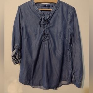 Tom Tailor Blue Chambray shirt, lace front, roll up or down sleeve size 38